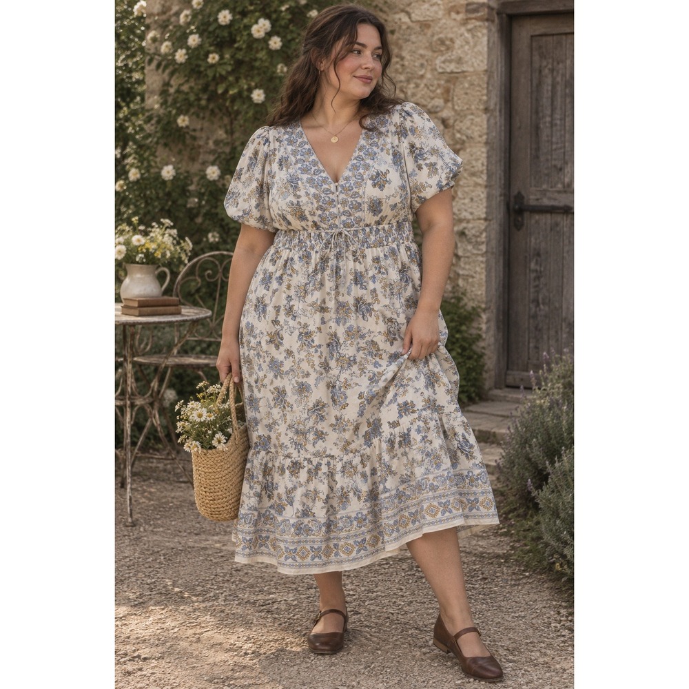 LEA Floral Midi Dress 1X Blue Cream Cotton Puff Sleeve Boho Cottagecore Prairie
